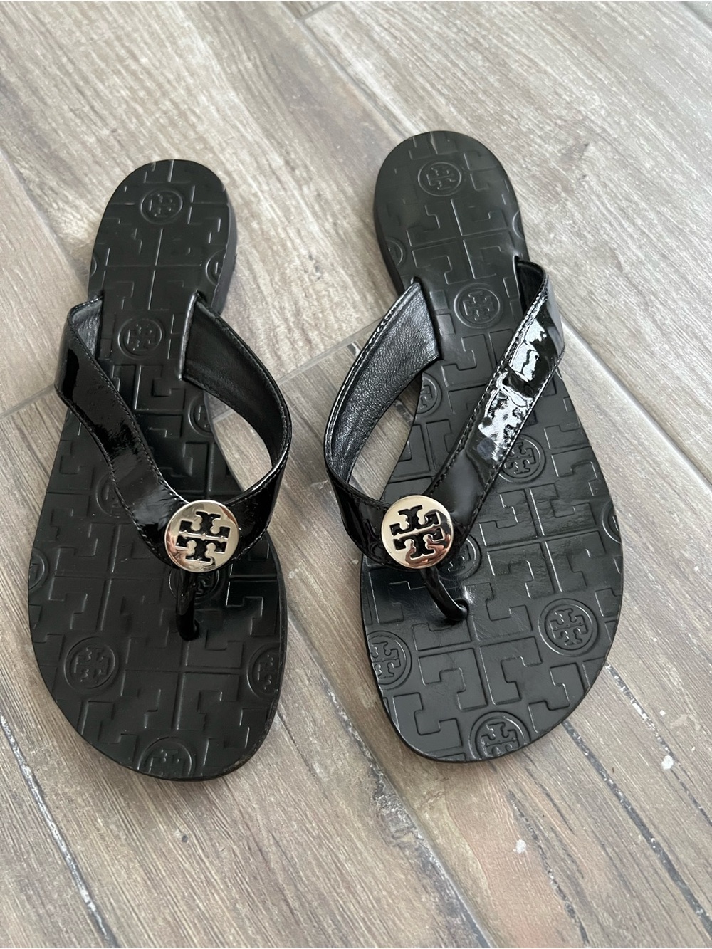 Tory Burch Black Patent Logo Toe-Post Sandals
